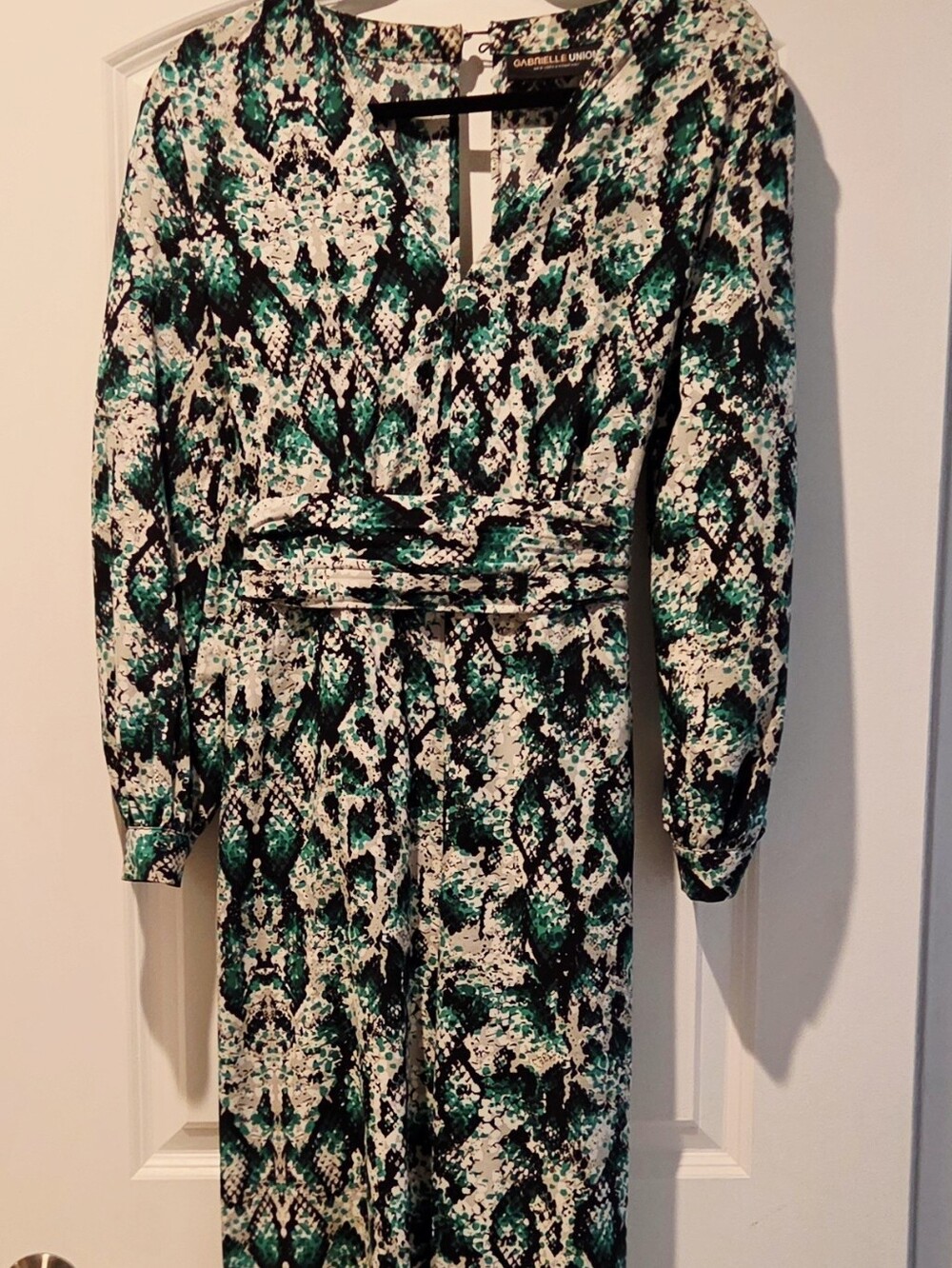 Gabrielle Union Green Snake-Print Long Sleeve Jumpsuit